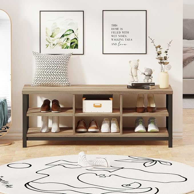FATORRI Shoe Bench Entryway with Storage, Industrial Wood and Metal Hallway Benches with Adjustable Shelves, Rustic Entry Way Bench for Living Room (47.24 Inch Long, Rustic Oak)