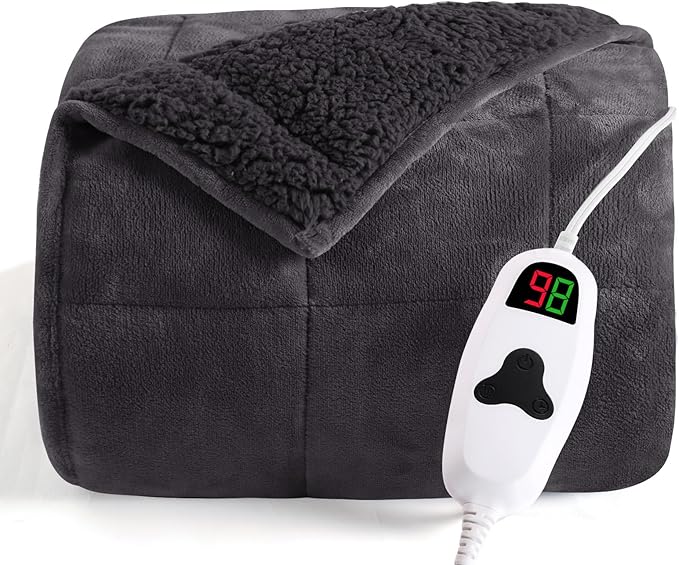 CYMULA Heated Weighted Blanket for Adults, Weighted Heated Blanket 50" x 60", 13lbs Sherpa Fleece Weighted Electric Blanket Soft Heating Blanket with 10 Heating Levels & 1-8 Hours Auto Off, Dark Grey