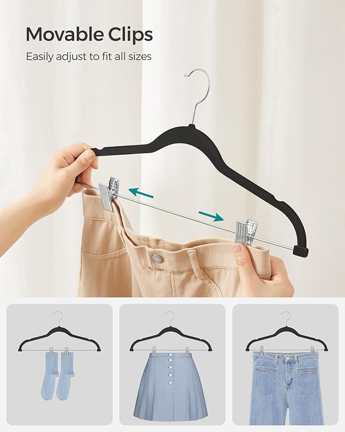 SONGMICS 50-Pack Pants Hangers, 16.7-Inch Long Velvet Hangers with Adjustable Clips, Heavy-Duty, Non-Slip Skirt Hangers, Space-Saving for Pants, Skirts, Coats, Dresses, Black UCRF012B50