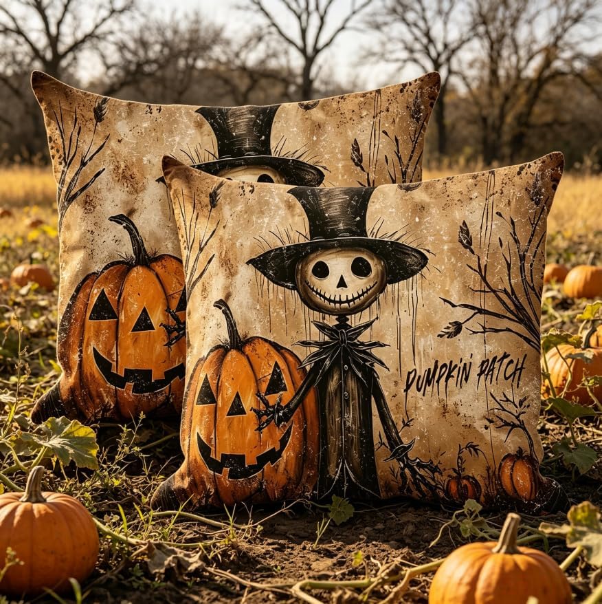 Halloween Throw Pillow Covers, Pumpkin Ghost Skeleton Design, 18x18 Inch - Image 2