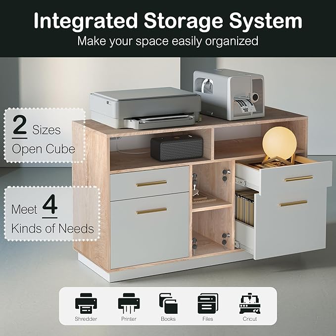 4 Drawer File Cabinet, Wood Filing Cabinet for Home Office with Lock, Power Strip, Storage Shelves, Home Office Lateral File Storage Fits Legal/Letter Size, Light Walnut