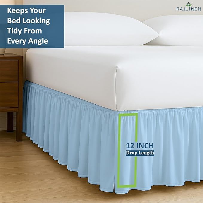 Rajlinen Ruffled Bed Skirt Full XL, 12 Inch Drop Dust Ruffle with Split Corners, 100% Microfiber Bedskirt with Platform, Three-Sided Coverage Ruffled Gathering Design, Light Blue