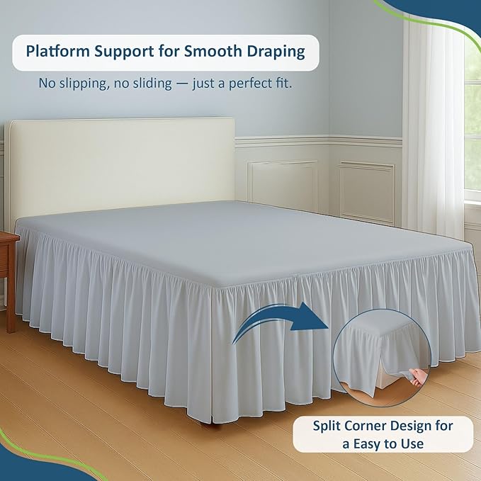 Rajlinen Ruffled Bed Skirt California King, 10 Inch Drop Dust Ruffle with Split Corners, 100% Microfiber Bedskirt with Platform, Three-Sided Coverage Ruffled Gathering Design, Light Grey