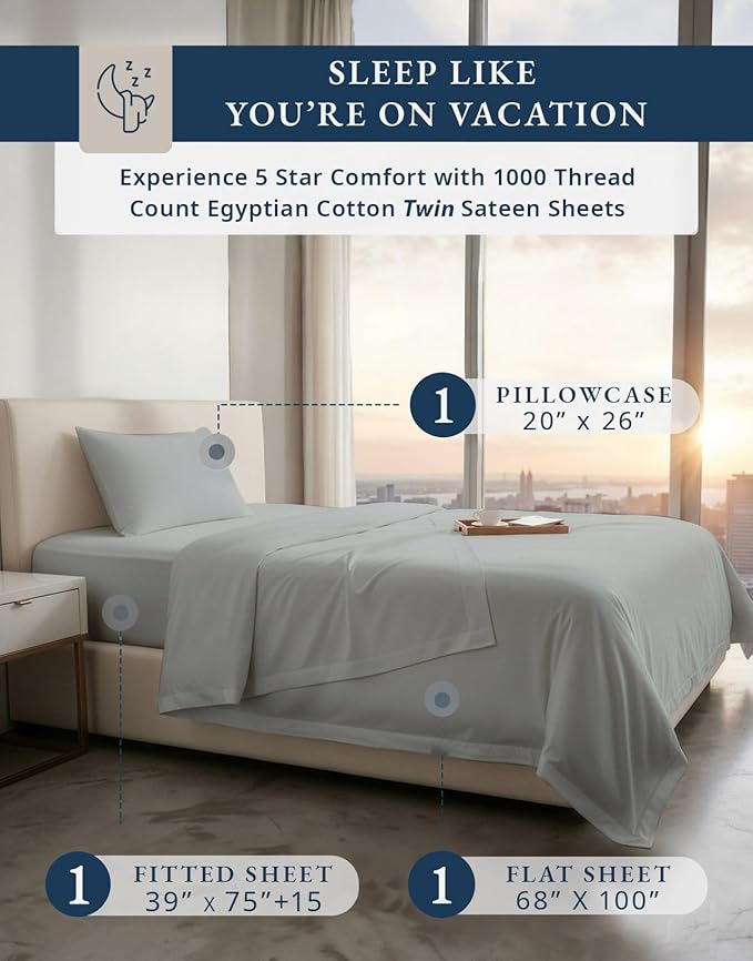 LANE LINEN 100% Egyptian Cotton Twin Sheets Set - 1000 Thread Count, Sustainably Produced Luxury Hotel Like Thick Twin Sheets, Naturally Temperature Regulating Machine Washable - Silver