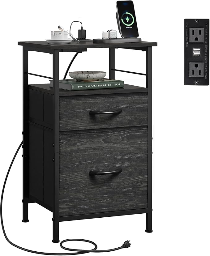WLIVE Nightstand with Charging Station, Side Table with 2 Fabric Drawers, End Tables for Bedroom, Small Dresser, USB Ports and Outlets, Charcoal Black