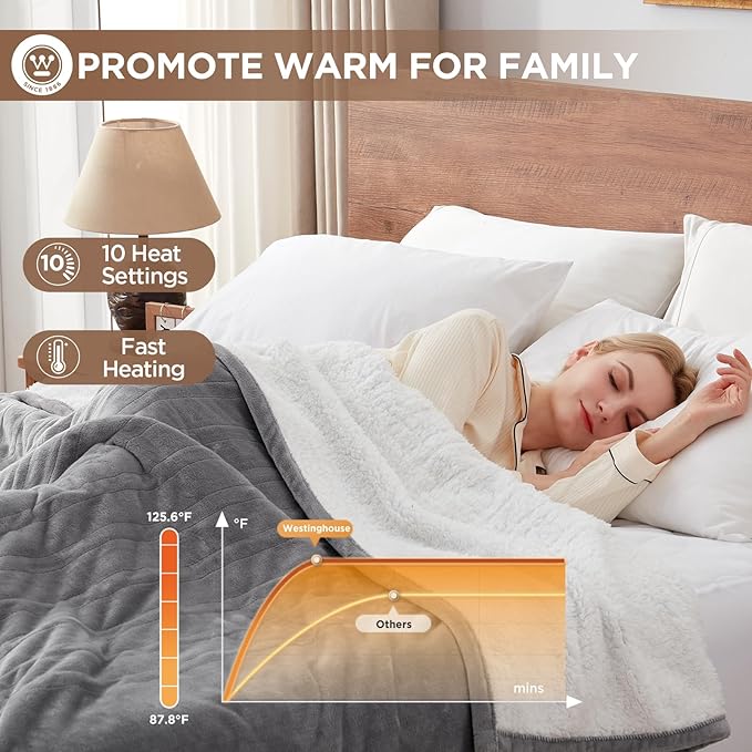 Westinghouse Heated Blanket Full Size, Soft Flannel to Sherpa Electric Blanket with 10 Heating Levels, 12 Hours Auto Off, Fast Heating Warming Blanket, Machine Washable, 72x84 Inch, Light Grey