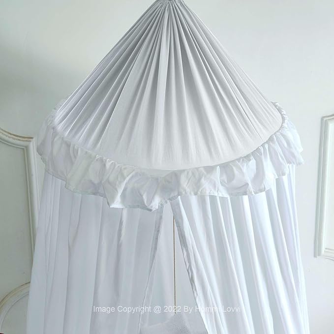 Bed Canopy for Girls, Dreamy Frills Ceiling Hanging Princess Canopy Bedroom Decoration Soft Canopy Net Reading Nook, Extra Large Full Queen Size Bed Canopies - White
