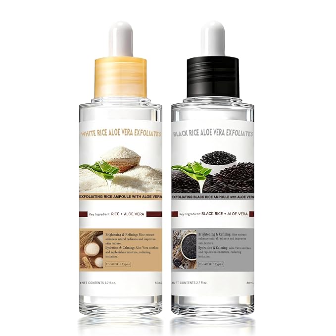 Aloe Vera Glow Black and White Rice Ampoule Duo, White & Black Rice Exfoliant Face and Body Scrub with Aloe Vera & Rice Extract，Moderate Exfoliating Facial Gel for All Skin Types