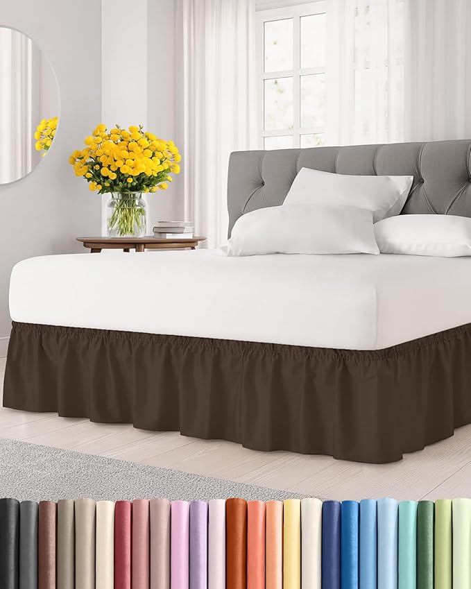 Wrap Around Dust Ruffle Bed Skirt - Brown - Twin/Twin XL Size Beds with 12 Inch Drop - Easy Fit Elastic Strap - Adjustable Pleated Bedskirt w/Brushed Fabric - Wrinkle Free - Women, Men, Kids & Teens