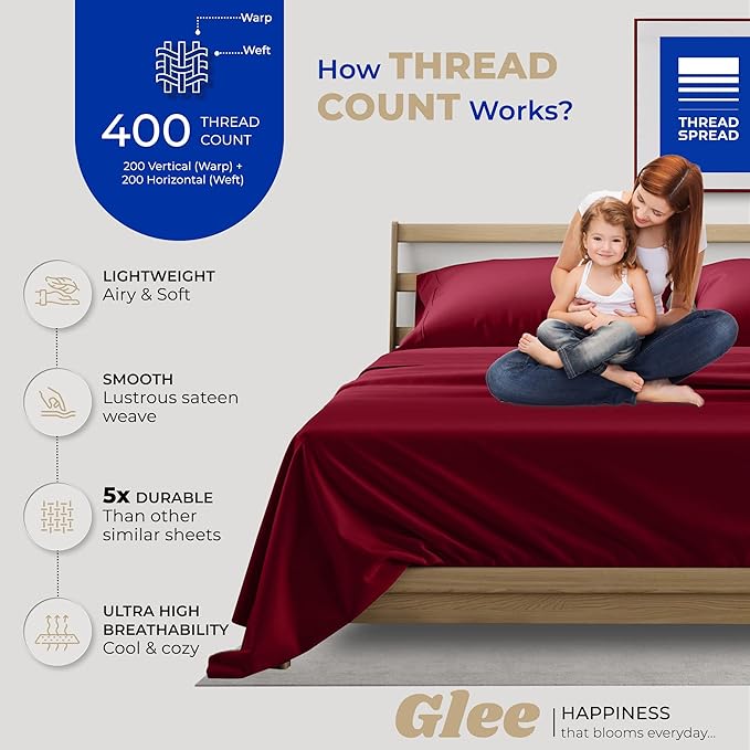 THREAD SPREAD 100% Cotton Twin Sheet Set - 400 Thread Count Twin Cotton Sheets Sets, 3 PC Twin Sheets, Cooling & Luxury Sateen Sheets for Dorm Rooms & Adults, Deep Pocket Cotton Sheets (Burgundy)