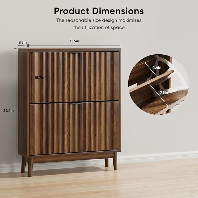 Shoe Storage Cabinet with 2 Flip Drawers, Walnut Fluted Narrow for Entryway, Slim Shoe Rack Cabinet Organizer 31.5in