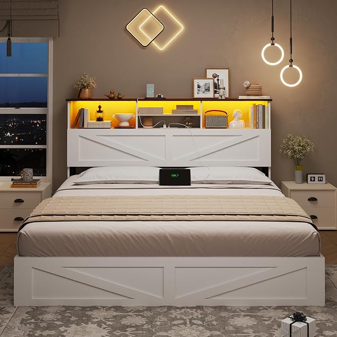 AOGLLATI Farmhouse Queen Bed Frame with 4 Storage Drawers and Led Lights, Wooden Bed Frame Queen Size with Hidden Space Bookcase Headboard and Led Lights & Metal Slats, White