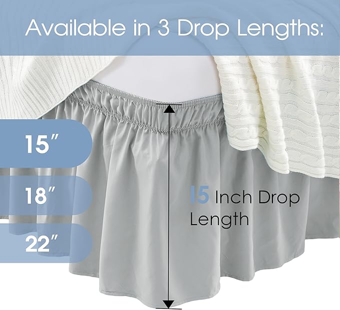 FreshCulture Elastic Wrap Around Bed Skirt - Queen Size, Hotel Quality Dust Ruffle with 15-Inch Tailored Drop (Light Grey)