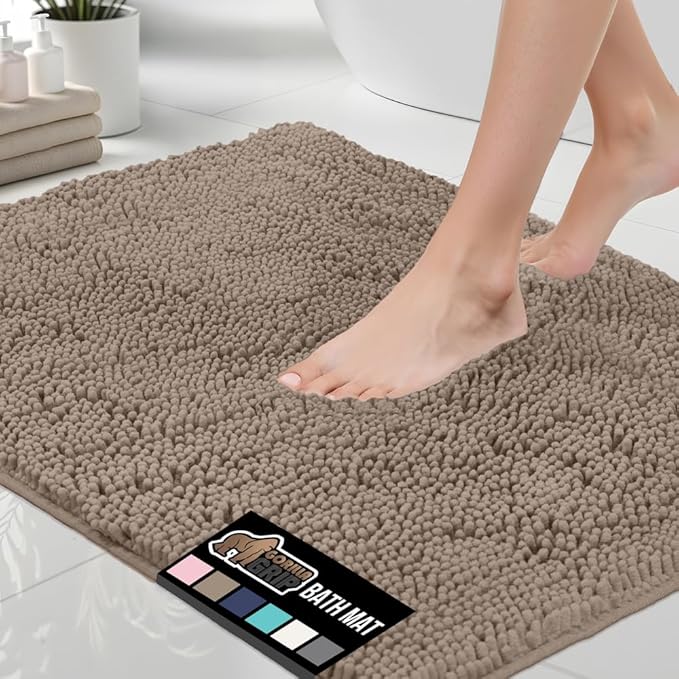 GORILLA GRIP Bath Rug Mat 48x17, Thick Absorbent Chenille, Quick Dry Microfiber Mats, Rubber Backing Washable Shower Floor Rugs, Bathmat Runner, US Designed Bathroom Home Decor Accessories Gray Beige