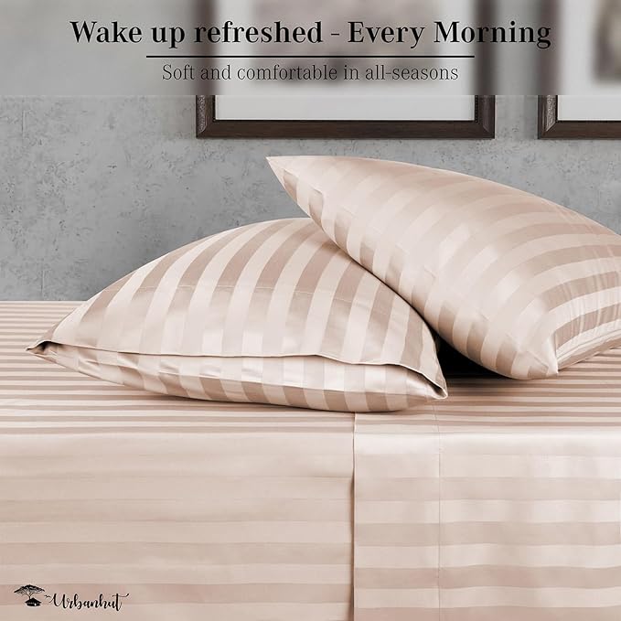 URBANHUT 800 Thread Count 100% Cotton Damask Twin Size Sheets, 4 Piece Striped Twin Size Bedsheets, Luxury Hotel Sheets Sateen Weave - Better Than Egyptian, 14" Elasticized Deep Pocket- Blush Pink