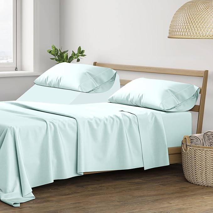 THREAD SPREAD 100% Cotton Sheets - 400 Thread Count 5 Piece Hotel Quality Sheet for Adjustable Bed, Soft, Cooling 16" Deep Pocket Split King Bed Sheet (Sea Foam)