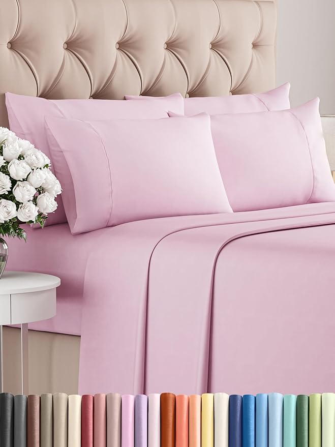 Cal King 6 Piece Sheet Set - Cooling & Breathable - Hotel Luxury Bedding, Includes Fitted Sheet for Women, Men, Kids and Teens - 1 Flat, 1 Fitted Sheet, 4 Pillowcases with Deep Pockets - Light Pink