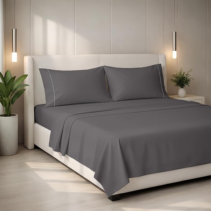 Mayfair Linen 100% Egyptian Cotton Queen Sheets Set - 2000 Series Luxury Sheets Queen Size Bed Set, Soft & Cooling, Sateen Weave 17" Extra Deep Pocket Hotel Collection Sheet (4 Pc, Dark Grey)