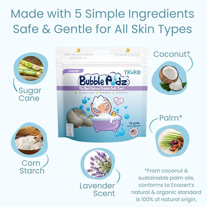 TruKid Bubble Podz Bubble Bath for Kids, Toddlers, & Babies, Tear Free Gentle & Refreshing Bath Bomb for Sensitive Skin with Natural Moisturizers, Non-Toxic, pH Balanced, Lavender Scent (60 Podz)