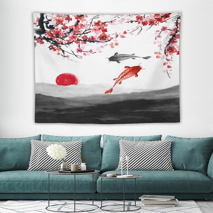 Houselerax Japanese Koi Fish Tapestries, Cherry Blossoms Asian Oriental Flower Branch Koi Fish Carp Tapestry Wall Hanging for Bedroom Living Room Office Decor 80"x60"
