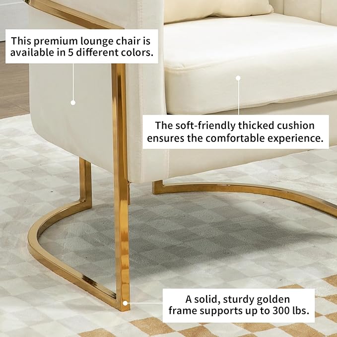 Velvet Accent Chairs Set of 2, Mid Century Modern Upholstered Barrel Armchair with Pillow for Living Room, Comfy Single Club Chair with Metal Gold Legs for Bedroom, White