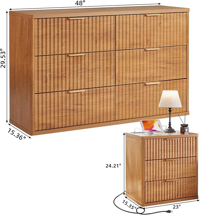 LEYAOYAO Fluted Dresser and 3 Drawers Nightstand Set of 2, Wood 48" Wide Dresser & 23" Night Stand with Charging Station, 3 Piece Bedroom Furniture Set, Chest of Drawers for Home,Living Room,Brown