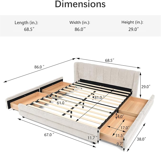 DEINPPA Queen Size Bed Frame with 4 Storage Drawers and Cloud Soft Headboard, Chenille Upholstered Grounded Wood Base Bed Frame, No Box Spring Needed-Beige
