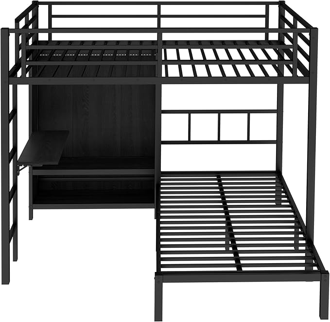 Full XL Over Twin Metal Bunk Bed with Folding Desk, Closet with LED, Space-Saving/Noise Reduced, Black Classic Platform Bed Frame, Easy Assembly YJXW1580S00113