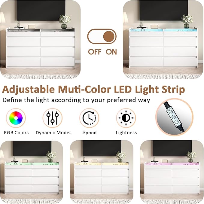 White 8 Drawer Dresser for Bedroom, Modern Chest of Drawers, Jewelry Dresser Display with Glass Top and LED Light, Dressers Organizer for Bedroom, Closet, Living Room