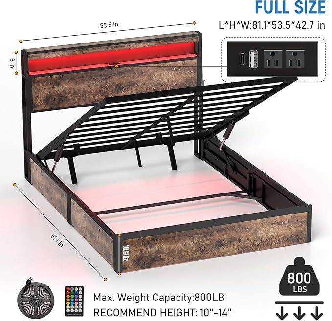 Full Size Lift Up Storage Bed Frame with Charging Station, 2 Tier Wood Storage Headboard with Led Lights, Heavy Duty Metal Slats Support/Hydraulic Storage/Noise-Free/Brown