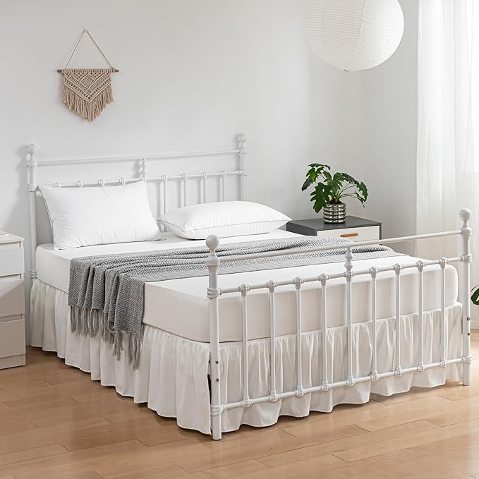 Bed Skirt Full Size Ruffled Bed Skirts with Split Corners, 14 Inch Drop Dust Ruffle Bed Skirt with Platform, Ivory
