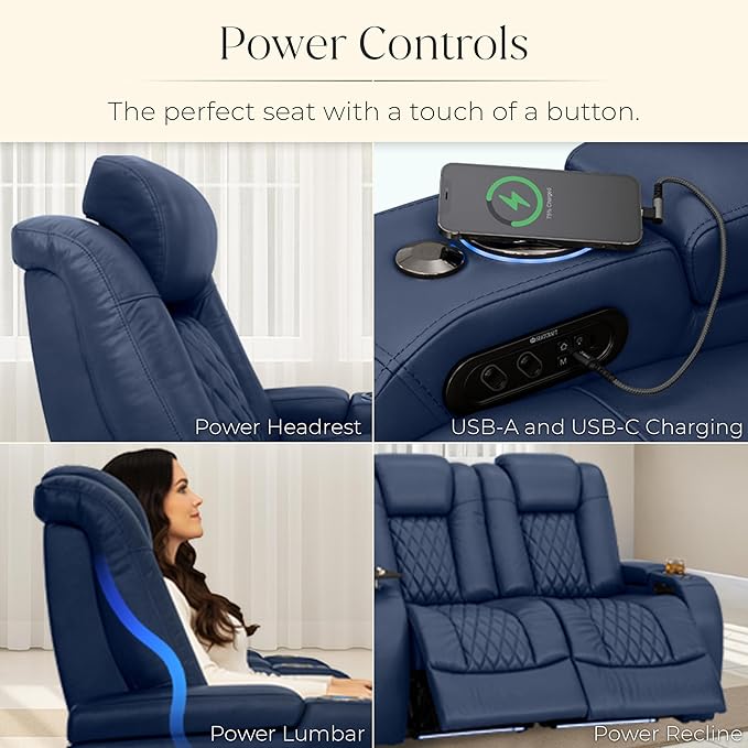 Seatcraft Diamante Zero-Gravity CoolZero Italian Leather Home Theater Seating, Power Headrest, Power Recline, Row of 3 Left Loveseat, Navy Blue