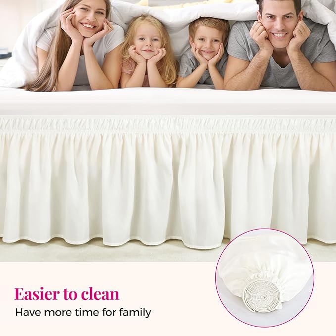 RIMELA White Bed Skirt Queen Size 12 Inch Drop, Wrap Around Elastic Adjustable Bedskirt, Bed skirting Dust Ruffle for Bed Frame & Box Spring Soft Durable Fabric Machine Washable Easy to Install