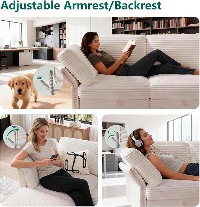 Modular Sectional Sofa with Adjustable Backrest, Large Convertible L/U-Shaped Sleeper Couch for Living Room, Cloud Sofa Bed Modern Reversible Design, White