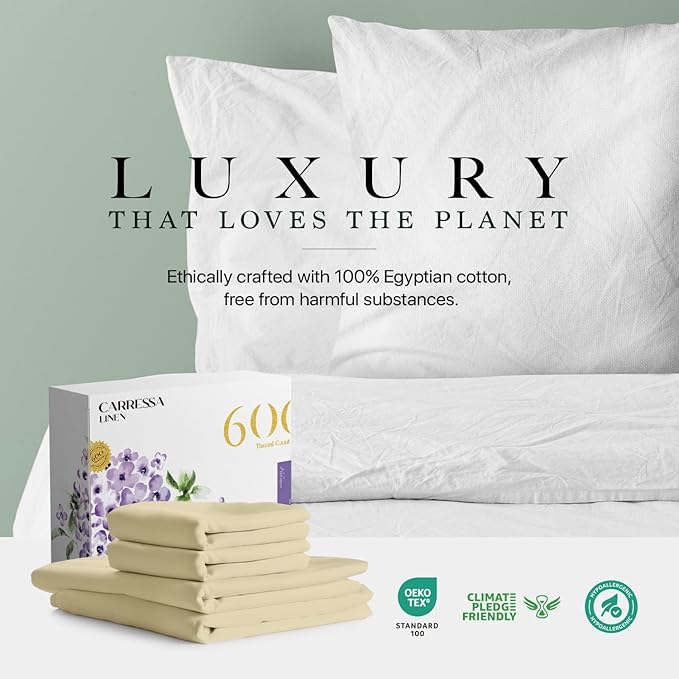 Carressa Linen 100% Egyptian Cotton Queen Sheet Set - 600 Thread Count Egyptian Cotton Queen Sheets Set (4 PC, Beach Sand) Ultra Soft, Cooling, 16" Deep Pocket Sateen Weave Luxury Hotel Bed Sheet
