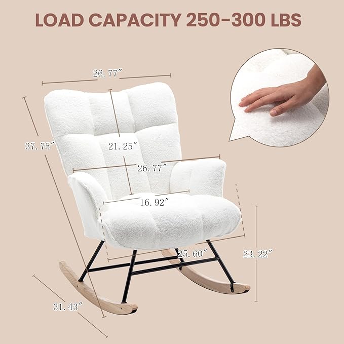 Rocking Chair Nursery Teddy Upholstered Glider Rocker Rocking Accent Chair Padded Seat with High Backrest Armchair Comfy Side Chair for Living Room Bedroom Offices (White Teddy)