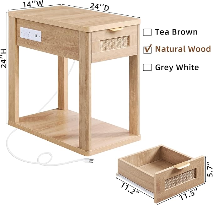 LEYAOYAO Narrow Side Table with Charging Station, 24x14''Rattan Night Stand with Drawer Storage, Natural Wood Bedside End Table for Small Spaces, Boho Nightstand for Living Room Bedroom