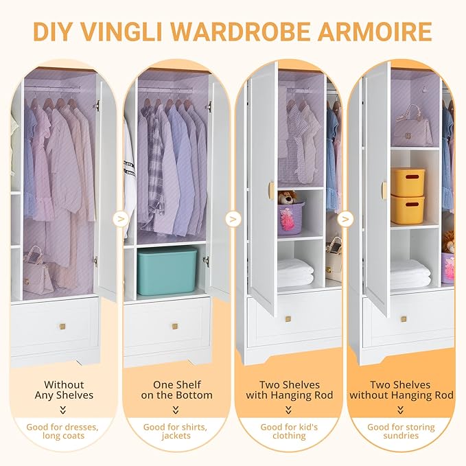 VINGLI 38" Wide Wardrobe Closet, White Armoire Wardrobe with Hanging Rod, Shelves and Drawer, Freestanding Closet Armoire Cabinet,Armoires and Wardrobes with Doors for Bedroom,Dorm,21"D x 38"W x 65"H