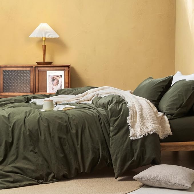 FOSSA Duvet Cover Set 100% Washed Cotton Linen Feel Super Soft Breathable Cozy 3 Pieces Bedding Sets Solid Olive Green King