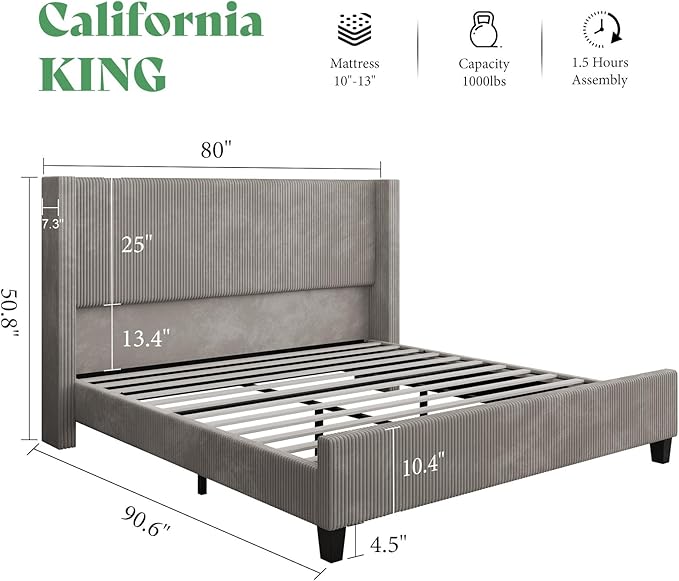 AMERLIFE California King Size Upholstered Bed Frame with 50.8" Tall Headboard, Wingback Platform Bed with Solid Wood Legs, Wooden Slats, Corduroy/No Box Spring Needed/Noise Free/Greige