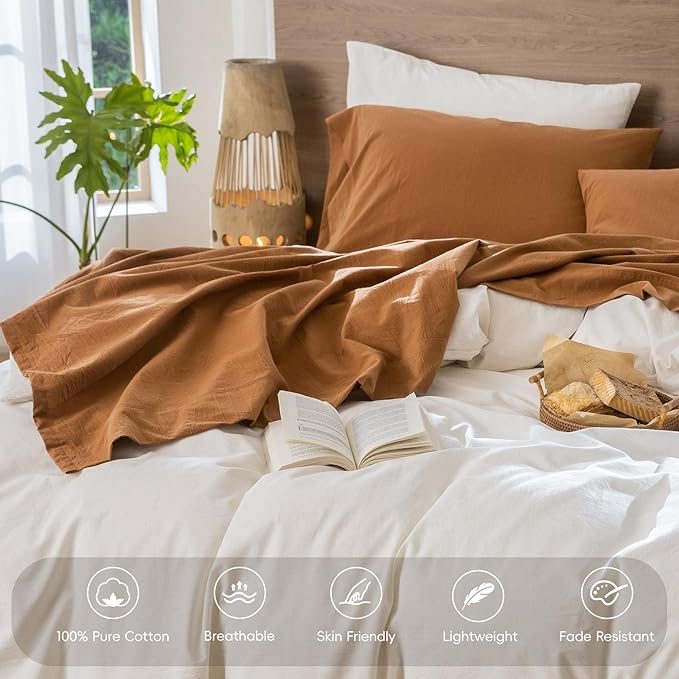 MooMee Bedding Sheet Set 100% Washed Cotton Linen Like Textured Breathable Durable Soft Comfy (Solid Dark Orange, Full)