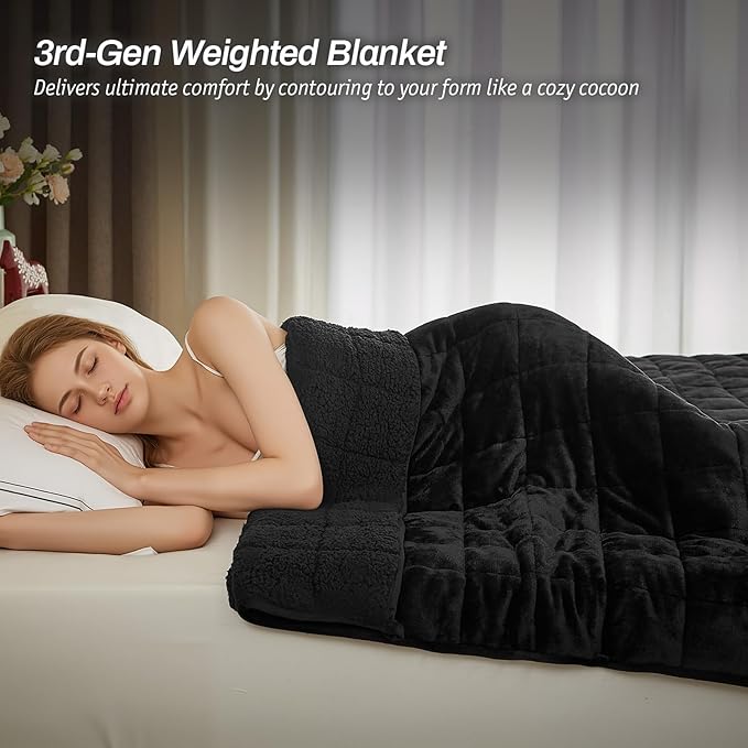 Sherpa Fleece Adult Weighted Blanket, 15 Pounds Dual Sided Soft Plush Blanket for Couch Bed Sofa, Heavy Thick Blankets with Glass Beads Great for Sleep, 60 x 80 inches, Black on Both Sides