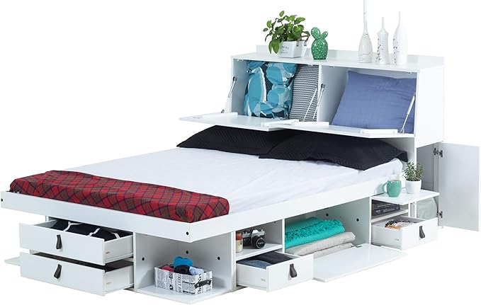 memomad Bali Set: Storage Platform Bed with Drawers + Bookcase Headboard (Queen Size, White Wood)