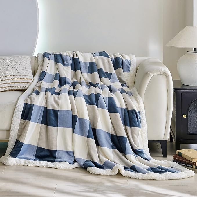 Blanket for Women, Sherpa Throw Blanket for Couch, Flannel Cozy Soft Blanket for Bed - Fleece, Gray-Soft Blue, 80x90 Inches