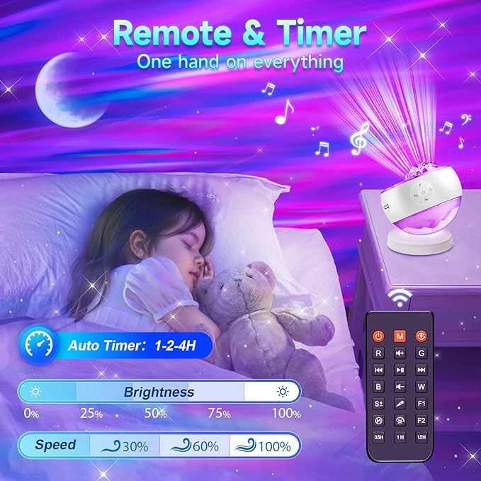 One Fire Northern Lights Projector,300+Color Modes Galaxy Projector for Bedroom, 15 White Noise Galaxy Light Projector, 5Moon Star Projector, Bluetooth Aurora Light Projector, Remote Timer Star Lights