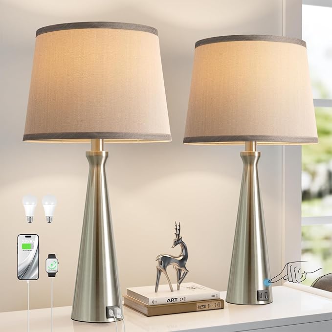Seealle Modern Table Lamps Set of 2 - Touch Bedside Lamp for Nightstand with Dual USB C+A,3-Way Dimmable Silver Nightstand Lamps for Living Room Bedroom End Table with Grey Shade(Bulb Included)