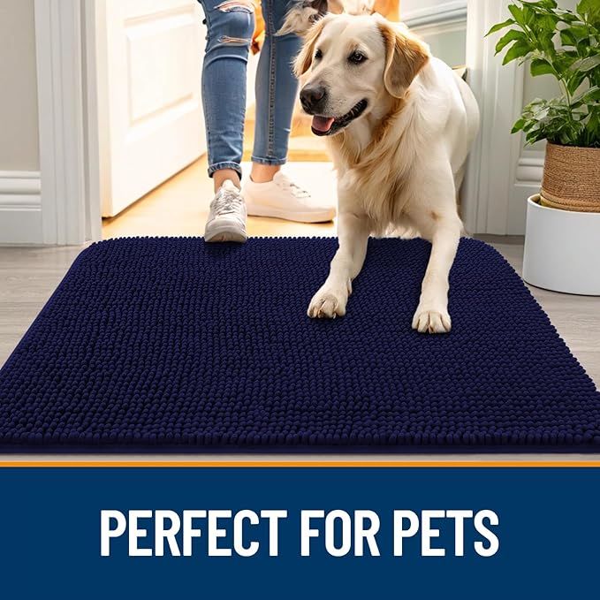 OLANLY Dog Door Mat for Muddy Paws 70x46, Absorbs Moisture and Dirt, Absorbent Non-Slip Washable Doormat, Quick Dry Chenille Mud Mat for Dogs, Entry Indoor Entryway Carpet for Inside Floor, Navy Blue