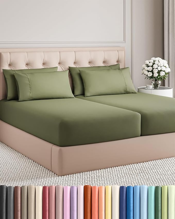 Split King 7 Piece Sheet Set - Cooling & Breathable - Hotel Luxury Bedding, Includes Fitted Sheets for Women, Men, Kids & Teens - 1 Flat, 2 Fitted Sheets, 4 Pillowcases w/Deep Pockets - Sage Green