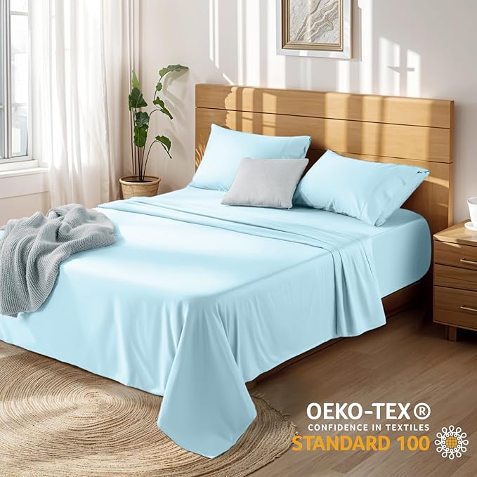 LBRO2M 100% Cotton Sheets Set Deep Pocket 19", 1000 Thread Count California King Size 4 Piece Bed Sheet Sets Soft Comfortable Bedding All Season (California King, Light Blue)