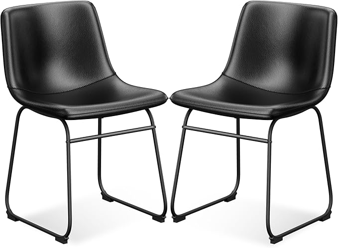 Dining Chairs Set of 2, 18 Inch Faux Leather Kitchen Dining Chairs with Back, Modern Armless Dining Room Chair with Metal Legs for Home Bistro Coffee Shops (Black)